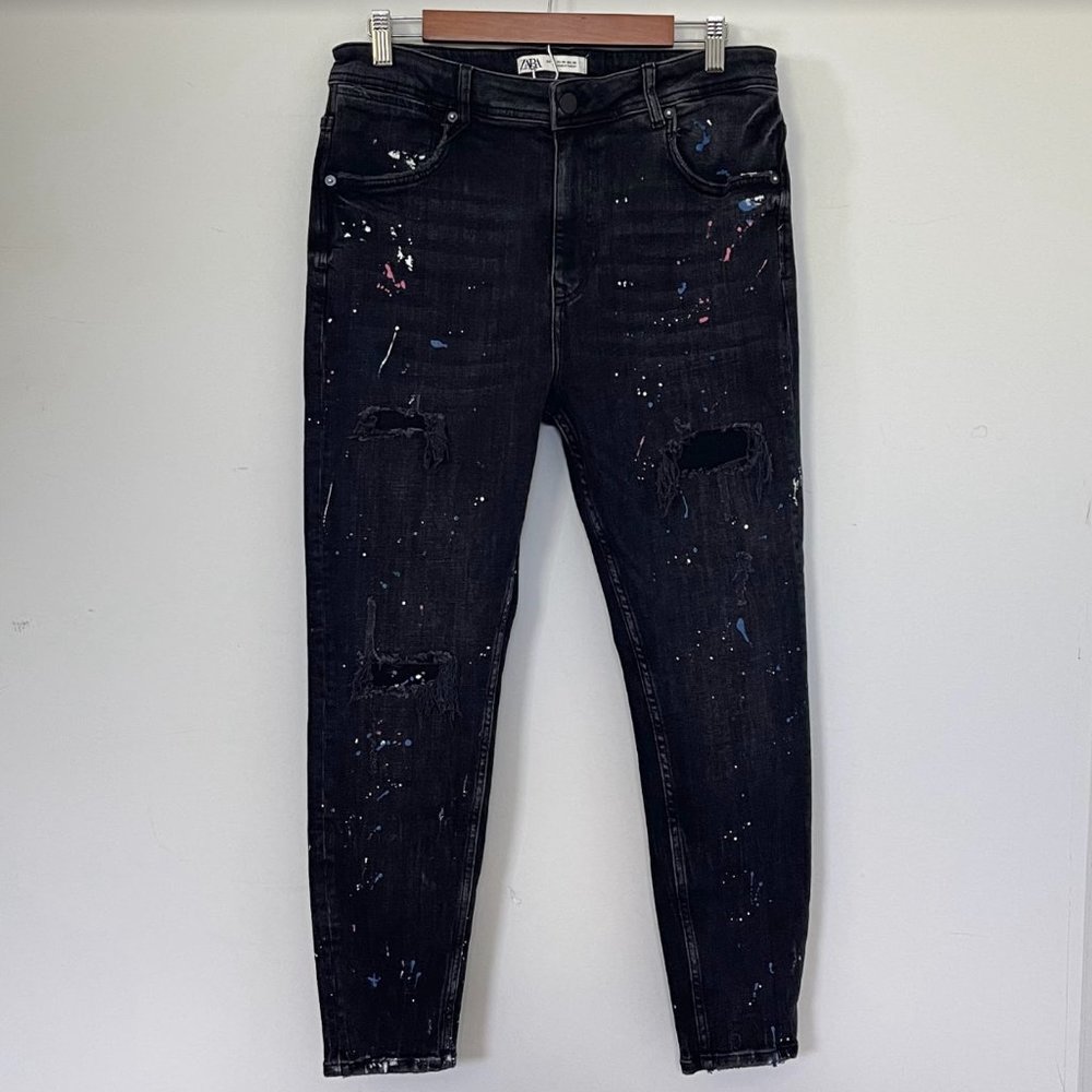 Zara Women's Splatter Paint Ripped Black Jeans